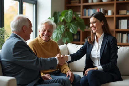 Femme professionnelle serre la main d'un couple dans un salon chaleureux