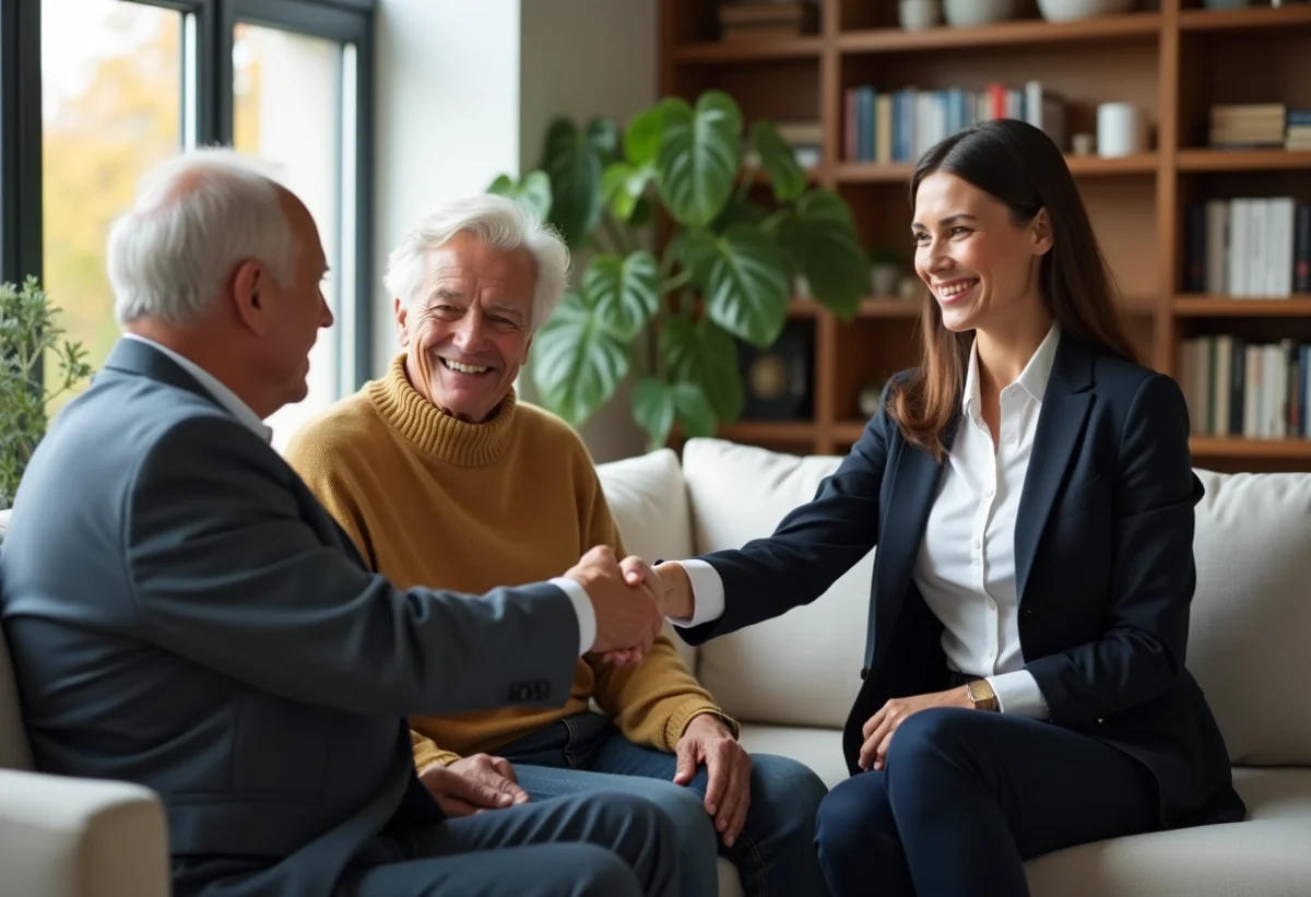 Femme professionnelle serre la main d'un couple dans un salon chaleureux
