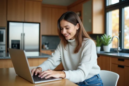 Femme souriante recherchant des annonces immobilières