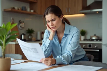 Femme réfléchissant à des documents de rénovation maison
