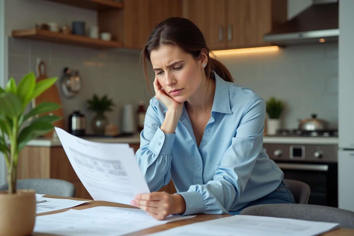 Femme réfléchissant à des documents de rénovation maison