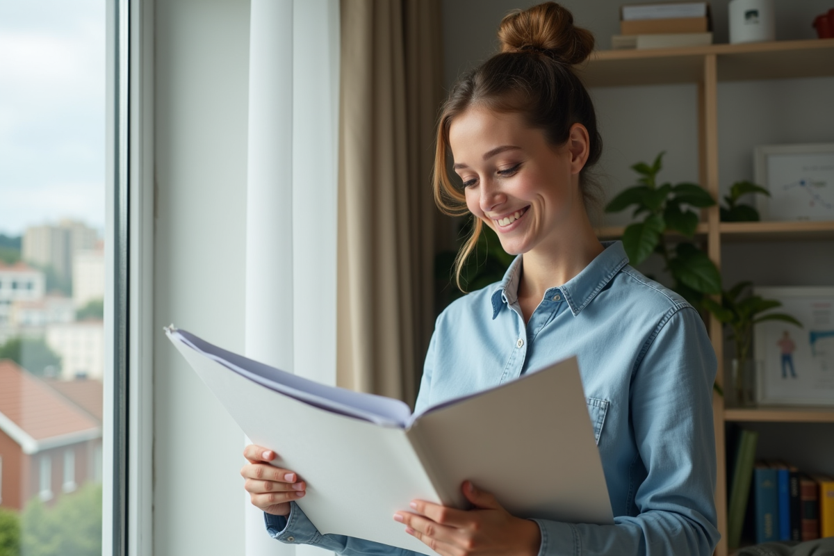 Jeune femme examine ses documents locatifs dans un bureau moderne