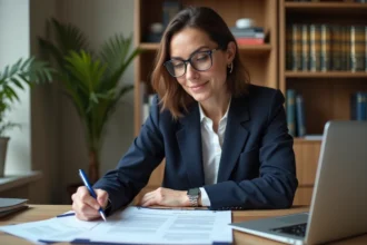 Femme professionnelle révisant un contrat de bail à son bureau pour renégocier son loyer