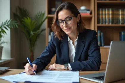 Femme professionnelle révisant un contrat de bail à son bureau pour renégocier son loyer