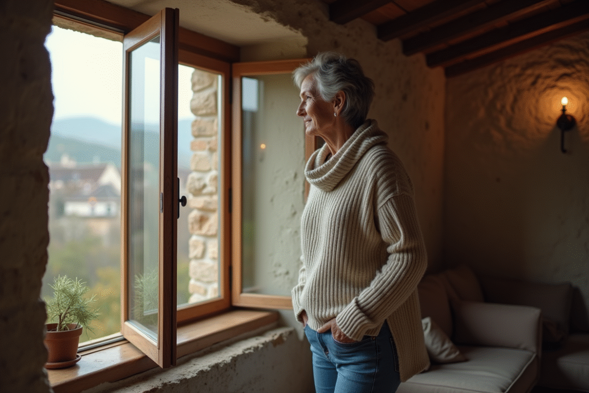Femme française regardant par la fenêtre d'une maison rurale