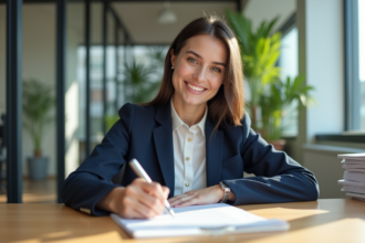 Jeune femme signant un contrat de location dans un bureau moderne