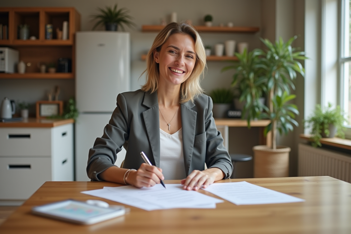 Femme souriante en intérieur avec documents et stylo