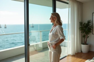 Femme souriante regardant la vue mer dans un appartement moderne