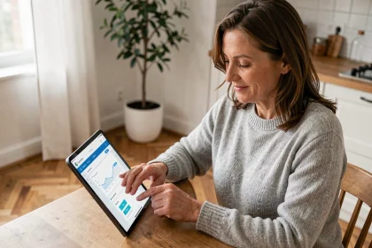 Femme utilisant l'espace client MyFoncia sur tablette pour gérer sa copropriété depuis son appartement