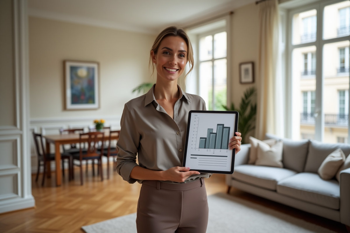 Femme souriante tenant une tablette avec un graphique immobilier