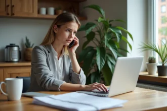 Femme au travail dans sa cuisine avec documents et ordinateur