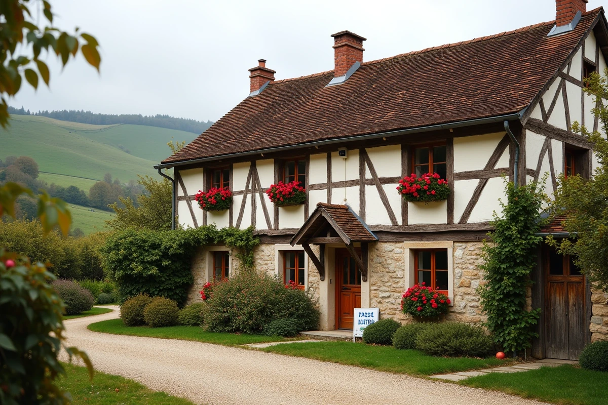 Ferme normande à colombages à vendre dans les terres avec verger de pommiers en automne