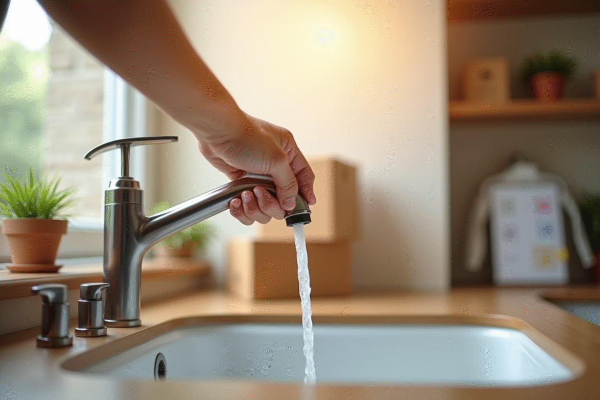 Main fermant un robinet d'eau moderne dans une cuisine ensoleillee