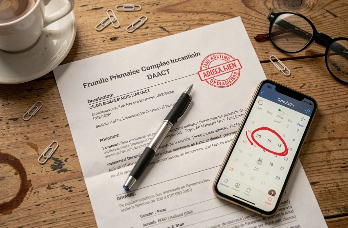 Formulaire DAACT non signé sur un bureau avec date limite dépassée et urgence administrative