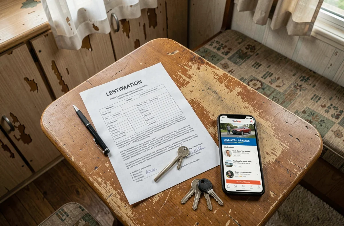 Formulaire d'estimation de rachat de mobil-home posé sur une table intérieure usée avec clés et smartphone