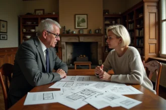 Frère et sœur face à face autour d'une table avec des documents de succession pour une maison en indivision