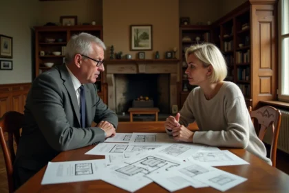 Frère et sœur face à face autour d'une table avec des documents de succession pour une maison en indivision