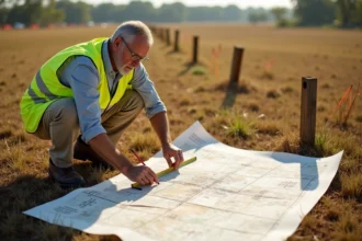 Géomètre mesurant une parcelle de terrain avec un mètre ruban et une carte foncière annotée en ares et mètres carrés