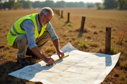 Géomètre mesurant une parcelle de terrain avec un mètre ruban et une carte foncière annotée en ares et mètres carrés