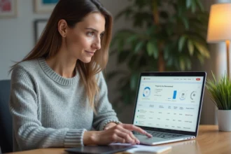 Femme gérant son espace client MyFoncia sur un ordinateur portable dans un bureau à domicile moderne