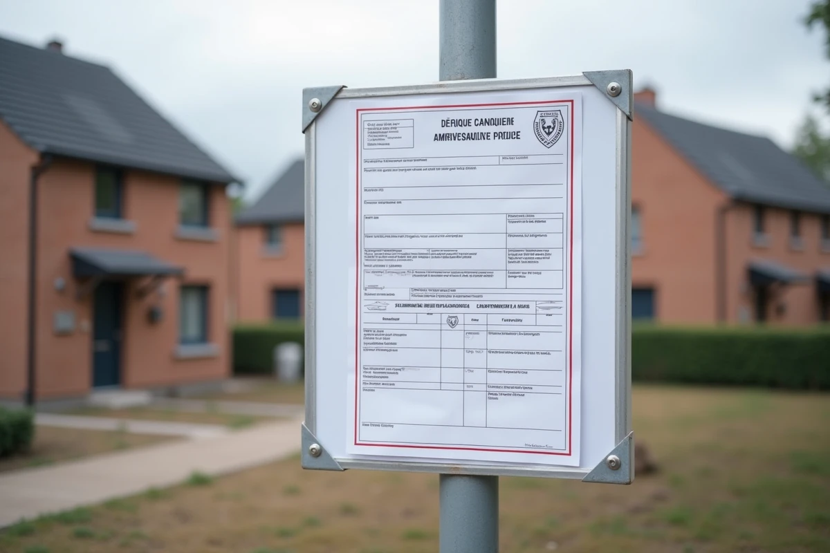 Gros plan sur un panneau de permis de construire affiché sur un chantier avec les mentions obligatoires visibles