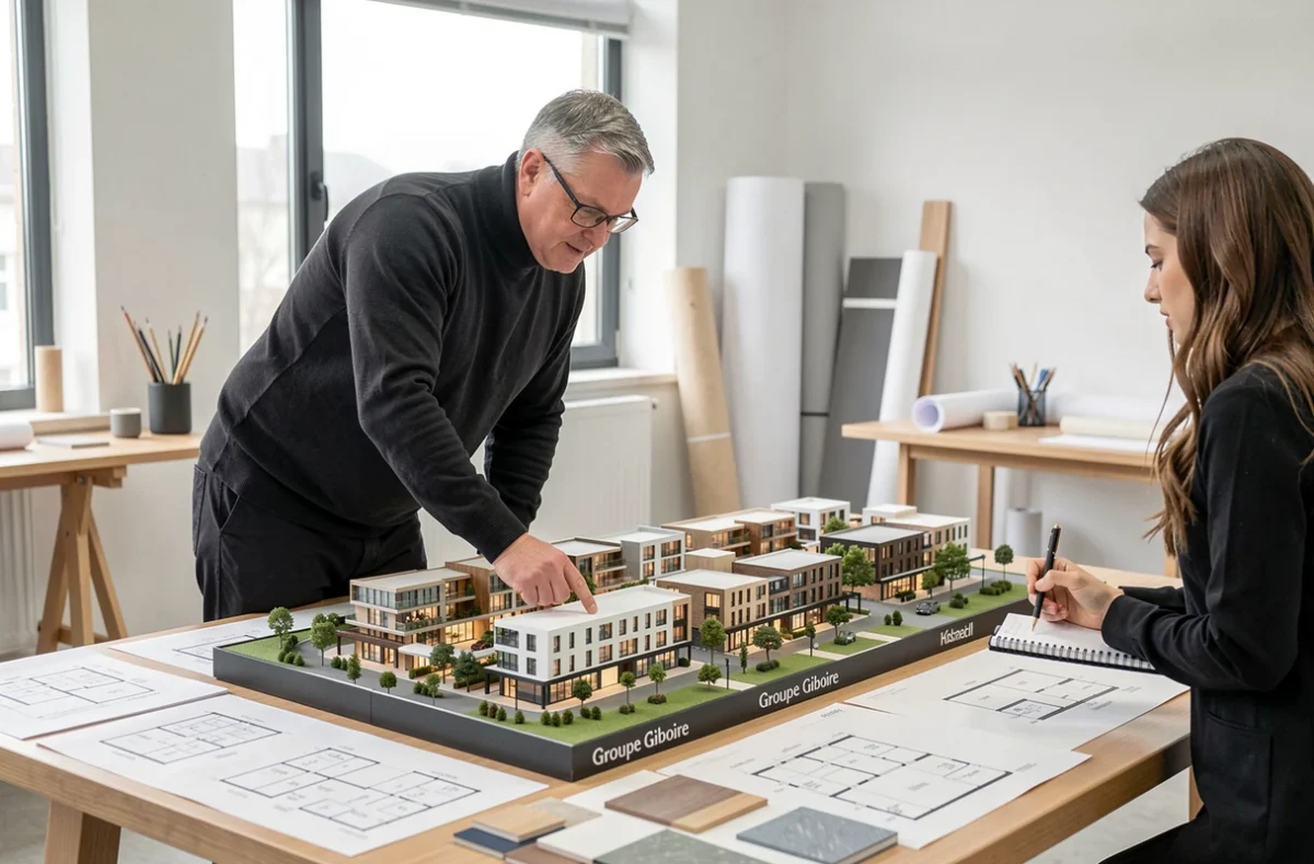 Maquette architecturale d'un projet du Groupe Giboire présentée dans un bureau d'études avec architectes en discussion