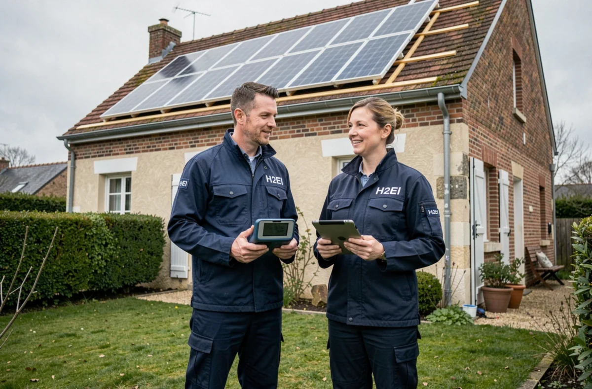 Équipe de diagnostiqueurs H2EI devant une maison avec panneaux solaires réalisant un audit énergétique professionnel dans le Pas-de-Calais
