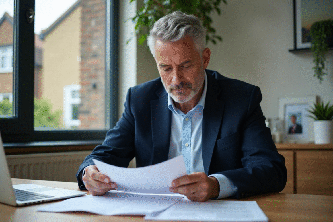 Homme d'âge moyen en blazer bleu examine des documents immobiliers