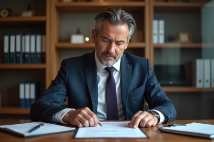 Homme d'affaires en costume examine des documents fiscaux