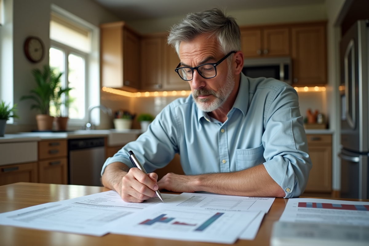 Homme analysant des documents fiscaux dans une cuisine chaleureuse