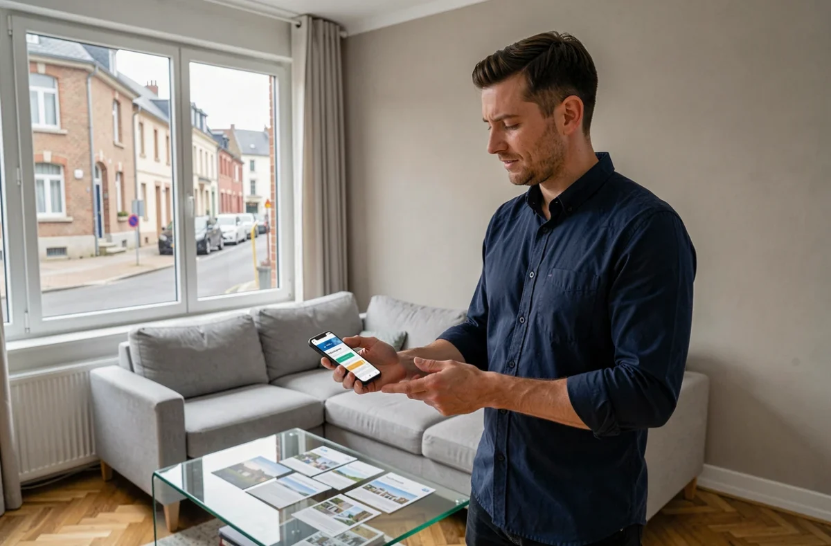Homme consultant une application de comparaison d'assurance habitation dans un salon moderne à Thionville