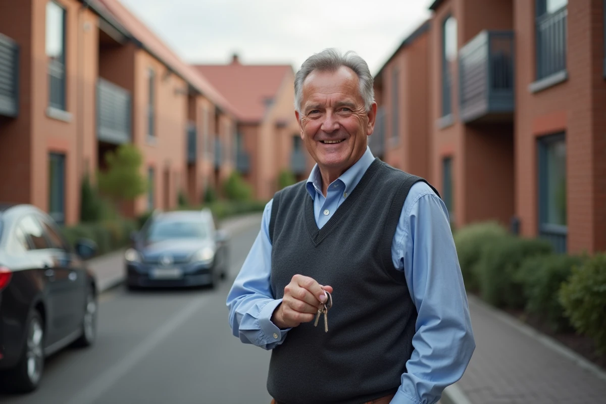 Homme souriant tenant des clés devant un immeuble neuf
