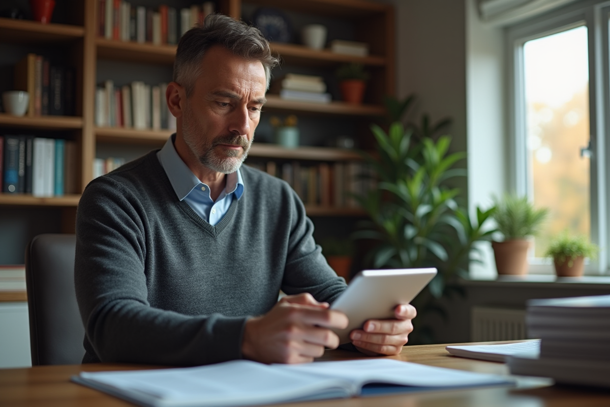 Homme utilisant une calculatrice de prêt immobilier sur son bureau