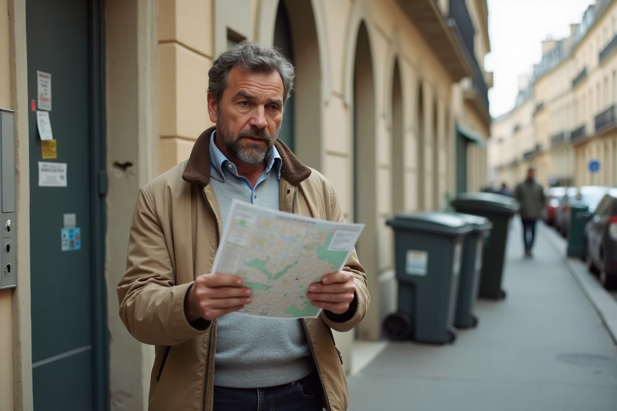 Homme consultant une carte de quartier devant un immeuble dégradé à Alès pour repérer les zones à risque