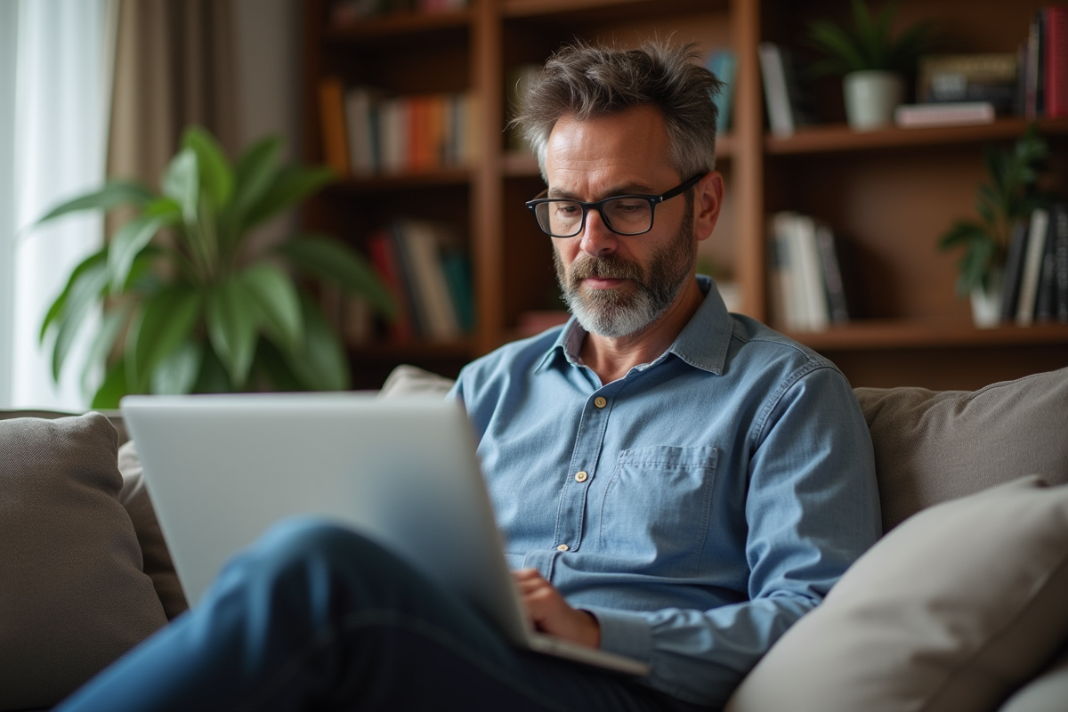 Homme détendu utilisant un ordinateur pour consulter des plateformes SCPI à la maison