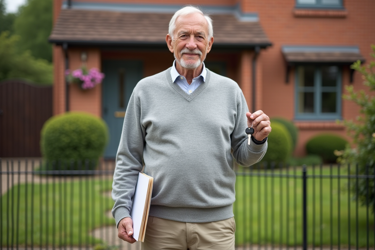 Homme âgé devant sa maison avec clés et dossier
