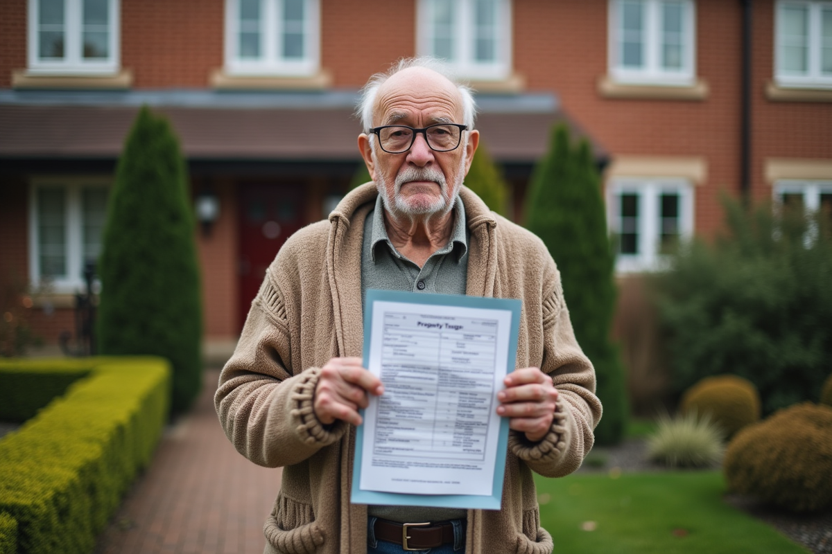 Homme âgé regarde une avis de taxe foncière devant sa maison