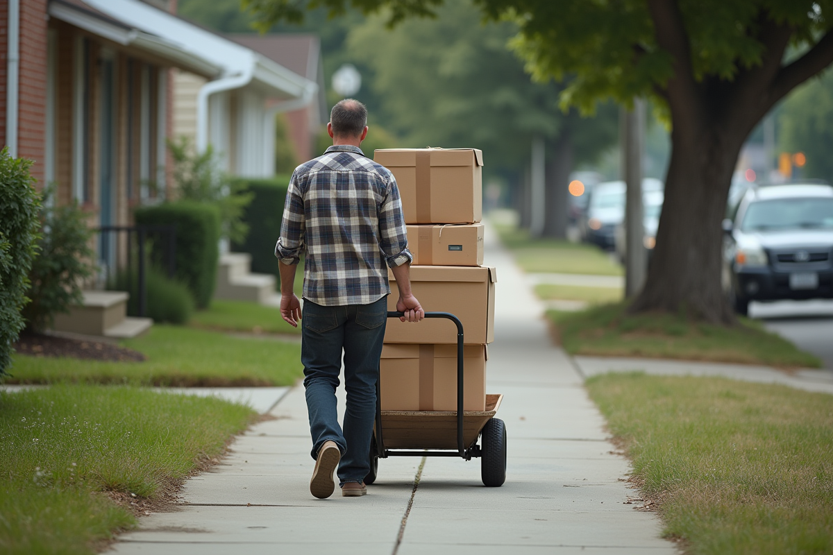 Homme poussant une charrette avec des cartons dans la rue