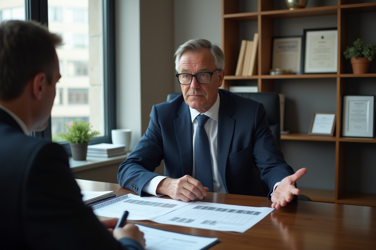 Homme en costume discutant de documents financiers au bureau
