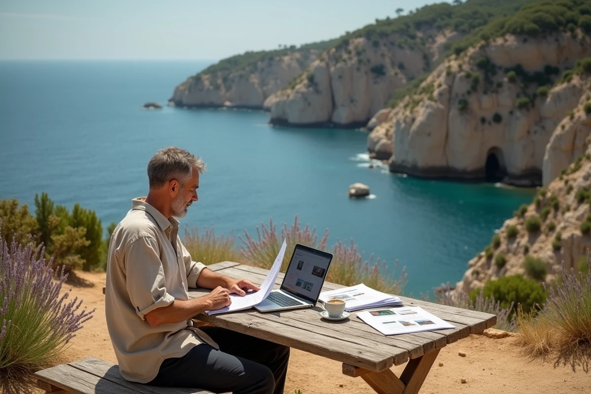 Homme consultant des documents immobiliers en plein air avec vue sur la falaise et la mer en arrière-plan