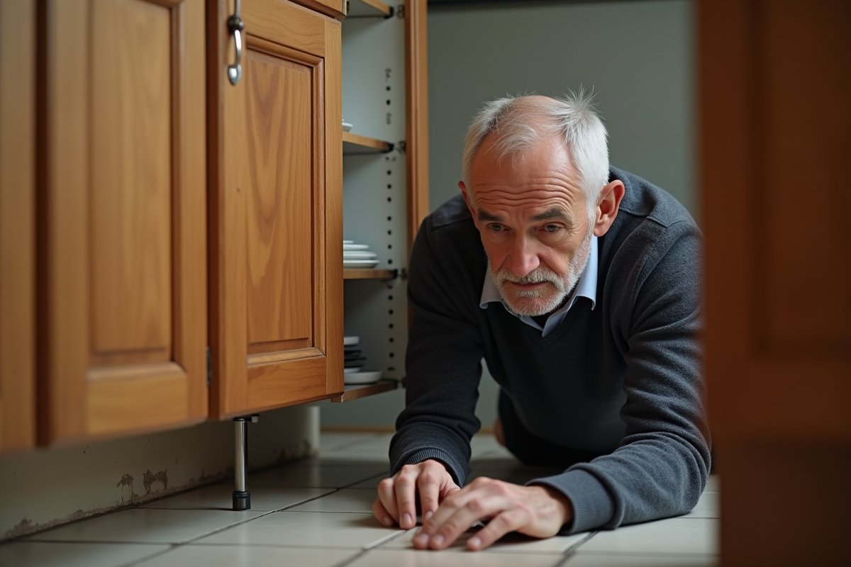 Homme français vérifiant un meuble de cuisine