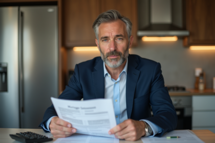 Homme en costume bleu examinant un document financier