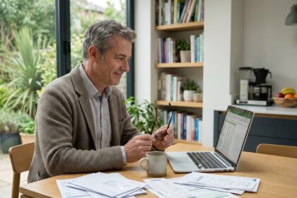 Homme d'âge moyen en tenue smartcasual analysant des documents financiers