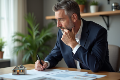 Homme d'âge moyen réfléchissant avec documents financiers