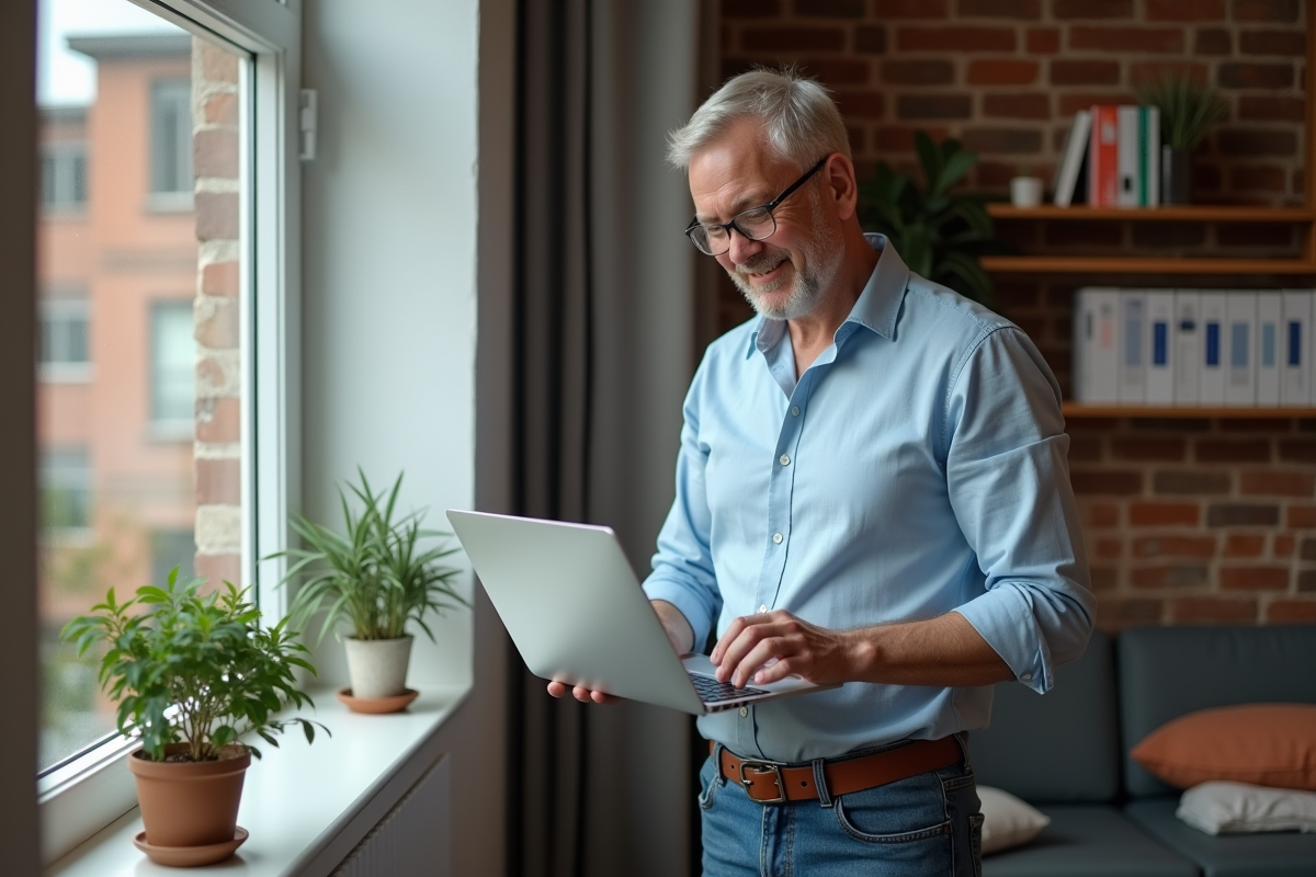 Homme d age moyen gère ses dépenses dans un appartement urbain