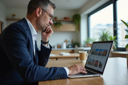 Homme d'affaires regardant des annonces immobilières sur son ordinateur