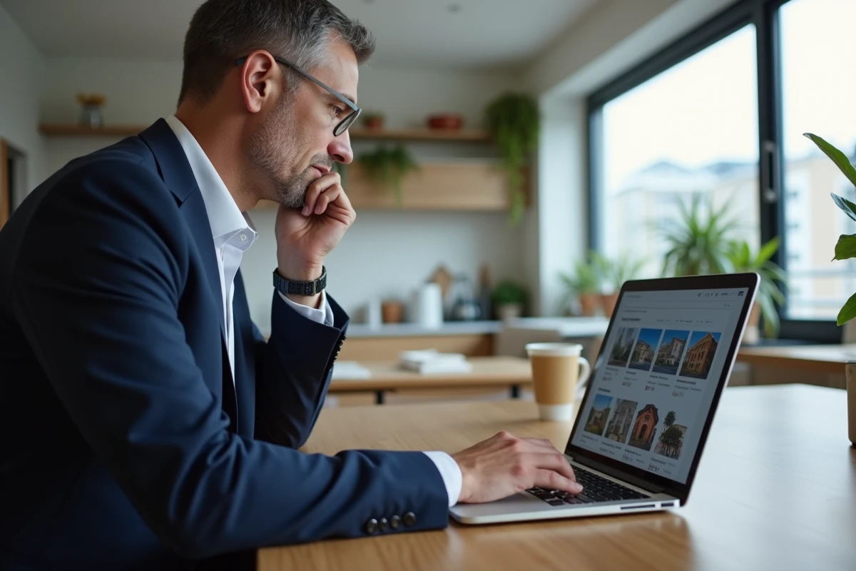 Homme d'affaires regardant des annonces immobilières sur son ordinateur