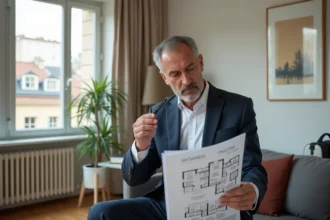 Homme d'affaires examinant un plan immobilier à Lyon