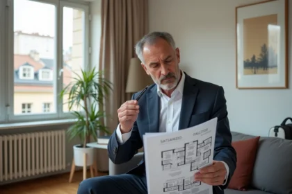 Homme d'affaires examinant un plan immobilier à Lyon