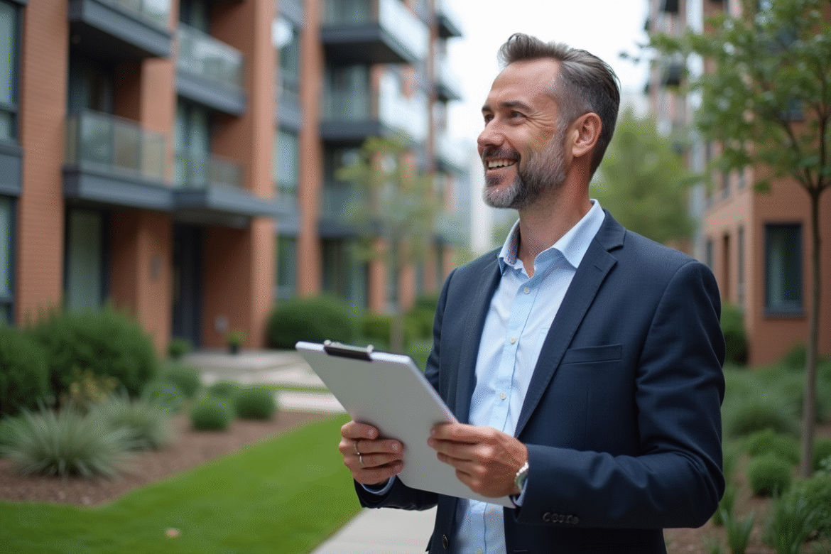 Homme d'affaires devant un immeuble moderne en ville